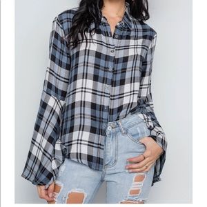 blue Plaid Button Down Bell Sleeve Top